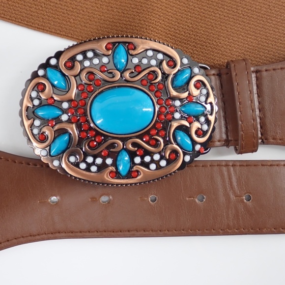 Southwestern Style Turquoise Blue Coral Red Copper Belt Buckle Brown Stretch XL - Picture 11 of 15